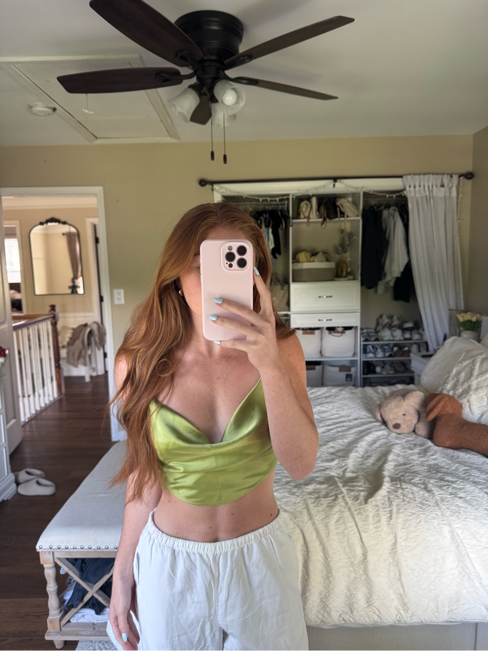 Garage Satin Green Crop Cowl Tank Top